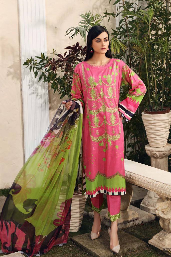 3 Pc Unstitched Embroidered Lawn With Chiffon Dupatta SH-19